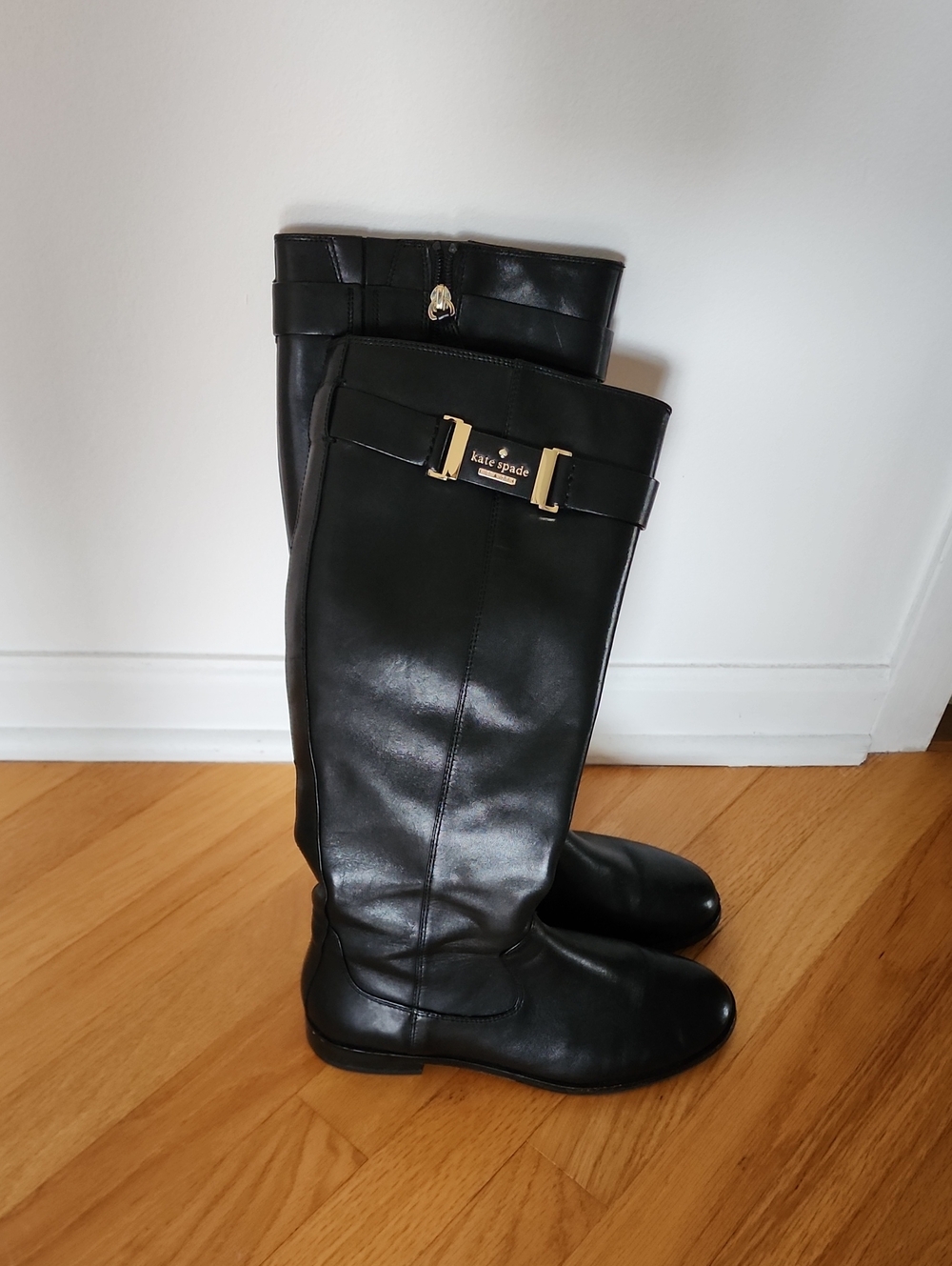 kate spade Black Leather Tall Riding Boots with Gold Accent